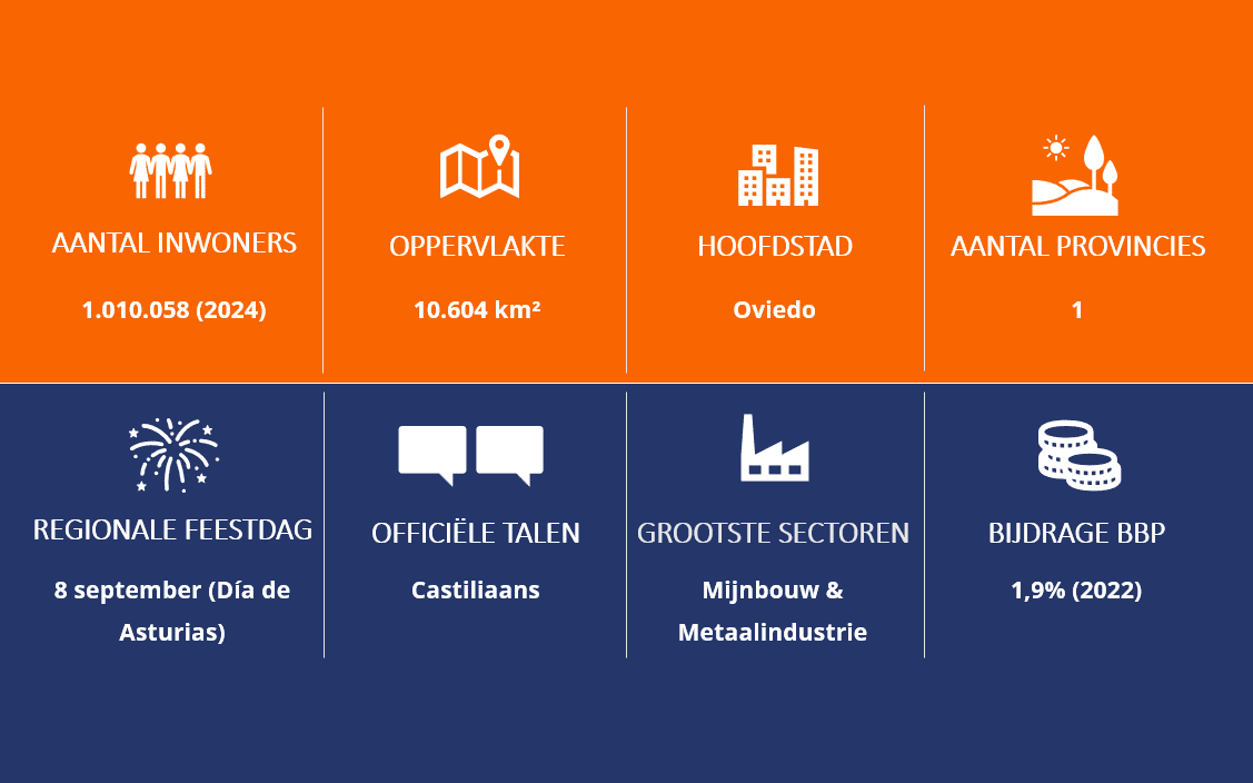 Aantal inwoners in 2024: 1.010.058

Oppervlakte 10.604 vierkante kilometer.

Hoofdstad: Oviedo.

Aantal Provincies: 1.

Regionale feestdag: 8 september, dag van Asturia.

Officiele taal: Castillaans. 

Grootste sectoren: Mijnbouw en metaalindustrie.

Bijdrage BBP: 1,9% in 2022.

